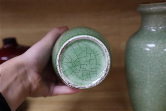 A pair of Chinese celadon crackle glaze vases and a celadon glazed censer Vases 22cm high